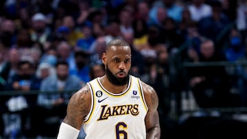 Feb 26, 2023; Dallas, Texas, USA; Los Angeles Lakers forward LeBron James (6) controls the ball during the second half against the Dallas Mavericks at American Airlines Center. Mandatory Credit: Kevin Jairaj-USA TODAY Sports