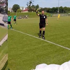 Aterriza en paracaídas en un campo de fútbol y el árbitro le saca tarjeta amarilla