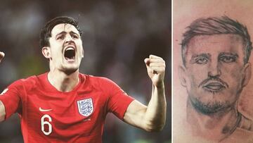 Im&aacute;genes del futbolista ingl&eacute;s Harry Maguire celebrando un triunfo con Inglaterra y del tatuaje que se ha hecho un aficionado ingl&eacute;s con su cara en el pecho.