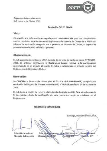 ANFP expulsa a Barnechea para la temporada 2019