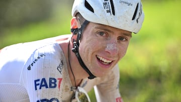 Slovenian Tadej Pogacar, team UEA, takes the lead of the 18th one-day classic 'Strade Bianche' (White Roads) cycling race between Siena and Siena, Tuscany, on March 2, 2024. (Photo by Marco BERTORELLO / AFP)