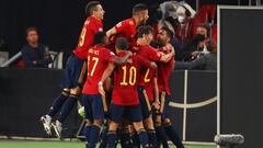 Soccer Football - UEFA Nations League - League A - Group 4 - Germany v Spain - Mercedes-Benz Arena, Stuttgart, Germany - September 3, 2020 Spain&#039;s Gaya celebrates scoring their first goal with teammates REUTERS/Kai Pfaffenbach