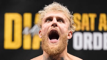 DALLAS, TEXAS - AUGUST 04: Jake Paul gestures to the crowd during weigh-ins for his fight against Nate Diaz at American Airlines Center on August 04, 2023 in Dallas, Texas. Sam Hodde/Getty Images/AFP (Photo by Sam Hodde / GETTY IMAGES NORTH AMERICA / Getty Images via AFP)