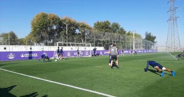 Jugadores del Real Valladolid hacen flexiones en la sesión del miércoles.