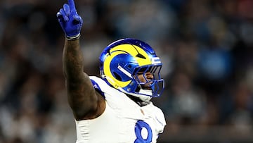 CHARLOTTE, NORTH CAROLINA - JANUARY 10: Jared Verse #8 of the Los Angeles Rams reacts to a defensive fourth down stop against the Carolina Panthers during the third quarter in the NFC Wild Card Playoff game at Bank of America Stadium on January 10, 2026 in Charlotte, North Carolina. Jared C. Tilton/Getty Images/AFP (Photo by Jared C. Tilton / GETTY IMAGES NORTH AMERICA / Getty Images via AFP)