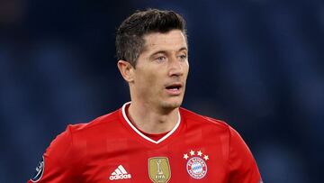 ROME, ITALY - FEBRUARY 23: Robert Lewandowski of FC Bayern München looks on during the UEFA Champions League Round of 16 match between Lazio Roma and Bayern München at Olimpico Stadium on February 23, 2021 in Rome, Italy. (Photo by Alexander Has