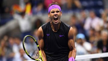 Rafael Nadal of Spain reacts after winning against Diego Schwartzman of Argentina during their Men's Singles Quarter-finals match at the 2019 US Open at the USTA Billie Jean King National Tennis Center in New York on September 4, 2019. (Photo by Johannes EISELE / AFP)