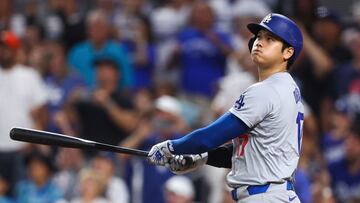 MIAMI, FLORIDA - SEPTEMBER 19: Shohei Ohtani #17 of the Los Angeles Dodgers hits a two-run home run, his 50th of the season, during the seventh inning against the Miami Marlins at loanDepot park on September 19, 2024 in Miami, Florida. Ohtani is now the first MLB player to have at least 50 home runs and 50 stolen bases in the same season. Megan Briggs/Getty Images/AFP (Photo by Megan Briggs / GETTY IMAGES NORTH AMERICA / Getty Images via AFP)