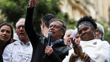 Colombia's President Gustavo Petro speaks as people attend a march in support of his government's proposed health, retirement, employment and prison reforms in Bogota, Colombia, June 7, 2023. REUTERS/Luisa Gonzalez