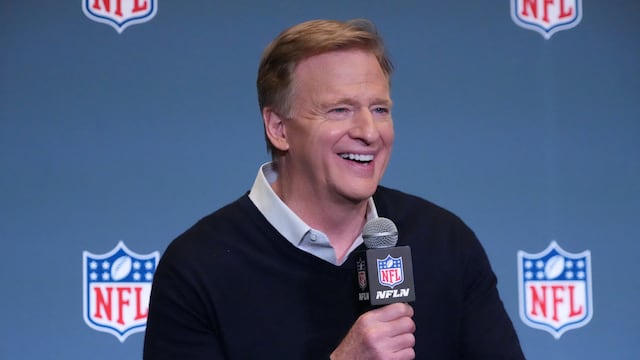 Feb 2, 2026; San Jose, CA, USA; NFL commissioner Roger Goodell speaks during Super Bowl LX press conference at San Jose Convention Center. Mandatory Credit: Kirby Lee-Imagn Images