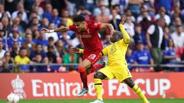 Liverpool's Luis Diaz (left) and Chelsea's N'Golo Kante battle for the ball during the Emirates FA Cup final at Wembley Stadium, London. Picture date: Saturday May 14, 2022. (Photo by Nick Potts/PA Images via Getty Images)