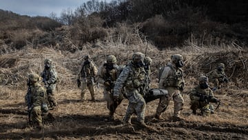 U.S. soldiers take part in a joint military drill which is a part of the Freedom Shield joint military exercise between South Korea and U.S., at a military training field near the demilitarized zone separating the two Koreas in Paju, South Korea, March 16, 2023. Yonhap via REUTERS ATTENTION EDITORS - THIS IMAGE HAS BEEN SUPPLIED BY A THIRD PARTY. SOUTH KOREA OUT. NO RESALES. NO ARCHIVE.