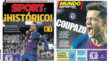 Portadas de los diarios Sport y Mundo Deportivo del d&iacute;a 9 de febrero de 2018.
