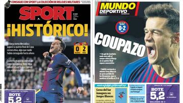 Portadas de los diarios Sport y Mundo Deportivo del día 9 de febrero de 2018.
