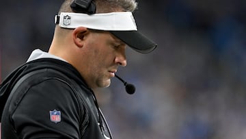 Oct 30, 2023; Detroit, Michigan, USA; Las Vegas Raiders head coach Josh McDaniels checks his play sheet on the sidelines during the fourth quarter of their game against the Detroit Lions at Ford Field. Mandatory Credit: Lon Horwedel-USA TODAY Sports