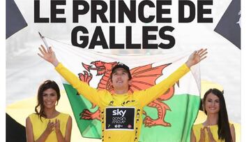 Portada de L&acute;&Eacute;quipe del 30 de julio de 2018, con Geraint Thomas posando en el podio de Par&iacute;s con el maillot amarillo y la bandera de Gales tras ganar el Tour de Francia.