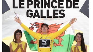 Portada de L&acute;&Eacute;quipe del 30 de julio de 2018, con Geraint Thomas posando en el podio de Par&iacute;s con el maillot amarillo y la bandera de Gales tras ganar el Tour de Francia.