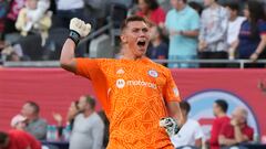 Jul 13, 2022; Chicago, Illinois, USA; Chicago Fire goalkeeper Gabriel Slonina (1) reacts after a Chicago Fire goal against the Toronto FC during the first half at Soldier Field. Mandatory Credit: Mike Dinovo-USA TODAY Sports