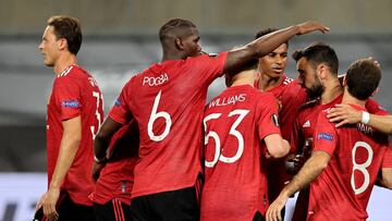 COLOGNE, GERMANY - AUGUST 10: Bruno Fernandes of Manchester United celebrates with teammates after scoring his sides first goal during the UEFA Europa League Quarter Final between Manchester United and FC Kobenhavn at RheinEnergieStadion on August 10, 20