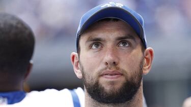 INDIANAPOLIS, IN - AUGUST 13: Andrew Luck #12 of the Indianapolis Colts looks on against the Detroit Lions in the second half of a preseason game at Lucas Oil Stadium on August 13, 2017 in Indianapolis, Indiana. Joe Robbins/Getty Images/AFP
== FOR NEWSPAPERS, INTERNET, TELCOS & TELEVISION USE ONLY ==