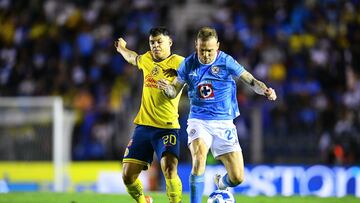 Richard Sanchez (L) of America fights for the ball with Carlos Rotodni (R) of Cruz Azul during the 6th round match between Cruz Azul and America as part of the Liga BBVA MX, Torneo Apertura 2024 at Ciudad de los Deportes Stadium on August 31, 2024 in Mexico City, Mexico.