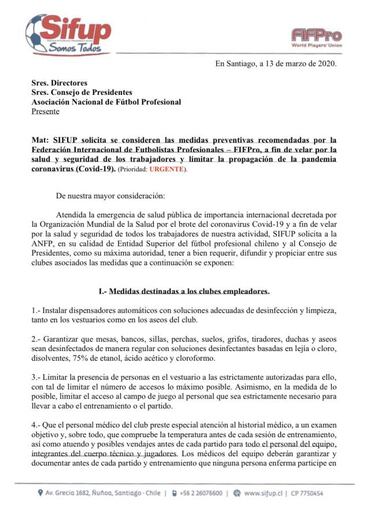 Sifup solicita a la ANFP tomar precauciones por Covid-19