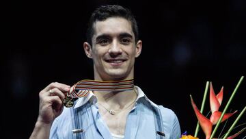 Spanish skater Javier Fernández poses with his medal the Ondrej Nepela stadium Bratislava, Slovakia.