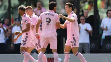 FORT LAUDERDALE, FLORIDA - APRIL 09: Robbie Robinson #19 and Leonardo Campana #9 of Inter Miami CF celebrate a goal against the New England Revolution during the first half at DRV PNK Stadium on April 09, 2022 in Fort Lauderdale, Florida. (Photo by Michael Reaves/Getty Images)