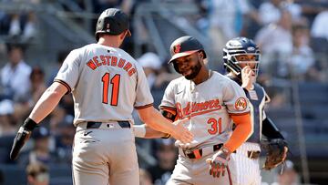 NEW YORK, NEW YORK - JUNE 20: Cedric Mullins #31 of the Baltimore Orioles celebrates his second inning two-run home run against the New York Yankees with Jordan Westburg #11 at Yankee Stadium on June 20, 2024 in New York City.   Jim McIsaac/Getty Images/AFP (Photo by Jim McIsaac / GETTY IMAGES NORTH AMERICA / Getty Images via AFP)