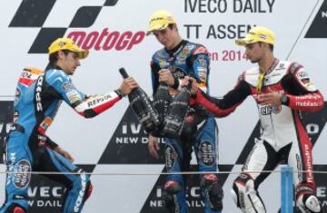 Podio de Moto3, Álex Rins, Álex Márquez y Miguel Oliveira.