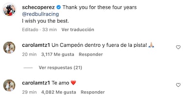 El mensaje de la esposa de Checo Pérez, tras anunciar su salida de Red Bull