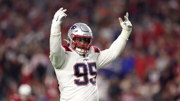 GLENDALE, ARIZONA - DECEMBER 12: Daniel Ekuale #95 of the New England Patriots celebrates after sacking Colt McCoy #12 of the Arizona Cardinals during the fourth quarter of the game at State Farm Stadium on December 12, 2022 in Glendale, Arizona.   Christian Petersen/Getty Images/AFP (Photo by Christian Petersen / GETTY IMAGES NORTH AMERICA / Getty Images via AFP)