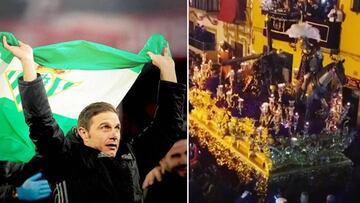 Joaqu&iacute;n con una bandera del Betis y del paso Cristo de las Tres Ca&iacute;das de la Semana Santa de Sevilla en una captura del v&iacute;deo que &eacute;l mismo comparti&oacute; el Jueves Santo de 2018