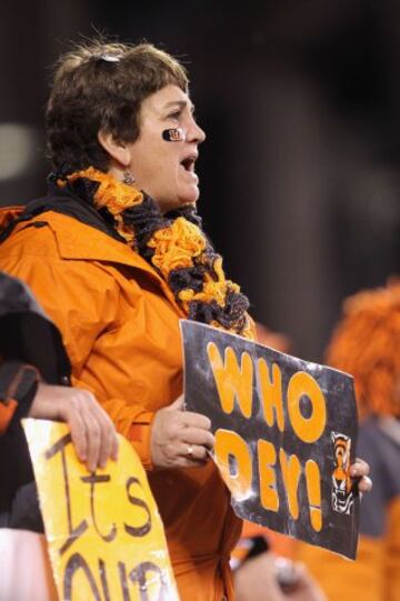 Aqu¨ª una se?ora fan de los Bengals con un cartel que dice "Who Dey?", que podr¨ªa traducirse como "?Pero qu¨¦ coj@#%$ hac¨¦is?!!!"