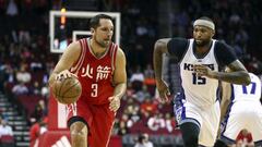 Jan 31, 2017; Houston, TX, USA; Houston Rockets forward Ryan Anderson (3) dribbles the ball as Sacramento Kings forward DeMarcus Cousins (15) defends during the first quarter at Toyota Center. Mandatory Credit: Troy Taormina-USA TODAY Sports