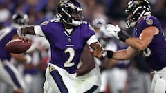 Quarterback Tyler Huntley #2 of the Baltimore Ravens throws a second-half pass against the Philadelphia Eagles preseason game at M&T Bank Stadium