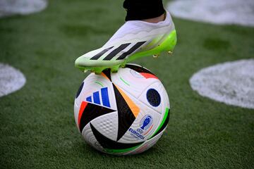 The official ball is pictured on November 15, 2023 in front of the Olympic Stadium in Berlin, Germany, during an event organised by sports equipment maker Adidas to present the official ball for the 2024 UEFA European Football Championship. (Photo by Tobias SCHWARZ / AFP)