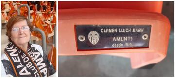 Carmen Lluch, con su bufanda del Valencia, y, en la imagen de la derecha, la placa con su nombre en su asiento de la Tribuna de Mestalla. 