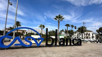 People walk past a 'Casablanca' sign in Casablanca, Morocco October 5, 2023. REUTERS/Abdelhak Balhaki
