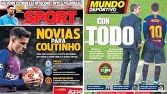 Portadas de &#039;Sport&#039; y &#039;Mundo Deportivo&#039; del martes, 2 de abril de 2019.