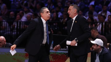 Real Madrid's head coach Sergio Scariolo (L) reacts during the EuroLeague basketball match between Dubai Basketball and Olympiacos Piraeus in Dubai, United Arab Emirates, 05 February 2026.