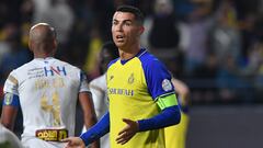 Nassr's Portuguese forward Cristiano Ronaldo reacts during the Saudi Pro League football match between Al-Nassr and Al-Taawoun at the Mrsool Park in Riyadh on February 17, 2023. (Photo by AFP)