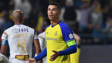 Nassr's Portuguese forward Cristiano Ronaldo reacts during the Saudi Pro League football match between Al-Nassr and Al-Taawoun at the Mrsool Park in Riyadh on February 17, 2023. (Photo by AFP)