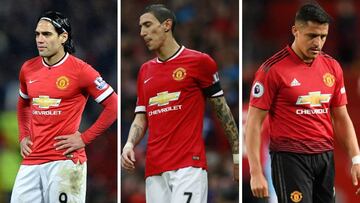 Radamel Falcao, &Aacute;ngel di Mar&iacute;a y Alexis S&aacute;nchez, durante sus etapas en el Manchester United.