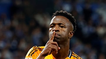 Soccer Football - LaLiga - Real Sociedad v Real Madrid - Reale Arena, San Sebastian, Spain - September 14, 2024 Real Madrid's Vinicius Junior celebrates scoring their first goal REUTERS/Vincent West
