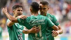 Jul 21, 2023; Vancouver, British Columbia, CAN; Club Leon forward Elias Hernandez (11) celebrates with teammates after scoring a goal against the Vancouver Whitecaps during the second half at BC Place. Mandatory Credit: Anne-Marie Sorvin-USA TODAY Sports