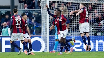 Jhon Lucumi of Bologna FC celebrates after scoring second goal during the serie Serie A Enilive match between Bologna FC 1909 and SSC Napoli at Stadio Renato Dall'Ara on November 9, 2025 in Bologna, Italy (Photo by Giuseppe Maffia/NurPhoto via Getty Images)