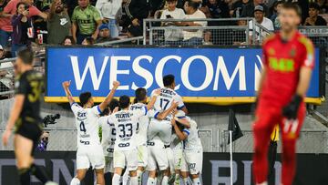 Aug 11, 2023; Pasadena, CA, USA; Monterrey celebrates the go-ahead goal by Monterrey forward Rogelio Funes Mori (7) during the second half against Los Angeles FC at Rose Bowl Stadium. Mandatory Credit: Kelvin Kuo-USA TODAY Sports