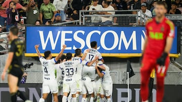 Aug 11, 2023; Pasadena, CA, USA; Monterrey celebrates the go-ahead goal by Monterrey forward Rogelio Funes Mori (7) during the second half against Los Angeles FC at Rose Bowl Stadium. Mandatory Credit: Kelvin Kuo-USA TODAY Sports