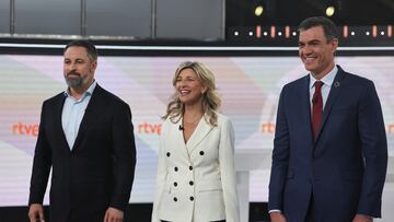 Spain's far-right Vox party leader Santiago Abascal, left-wing Sumar leader Yolanda Diaz and Prime Minister and Socialist candidate Pedro Sanchez attend a televised debate ahead of snap elections, in Madrid, Spain, July 19, 2023. REUTERS/Violeta Santos Moura